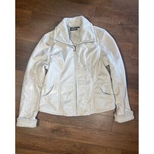 Harley Davidson Womens Sherpa Lined Faux Leather Jacket Cream XL Embroidered‎